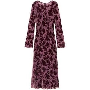 NWT Mango Velvet Burnout Floral Midi Dress Plum Burgundy Long Sleeve Sheer Mesh